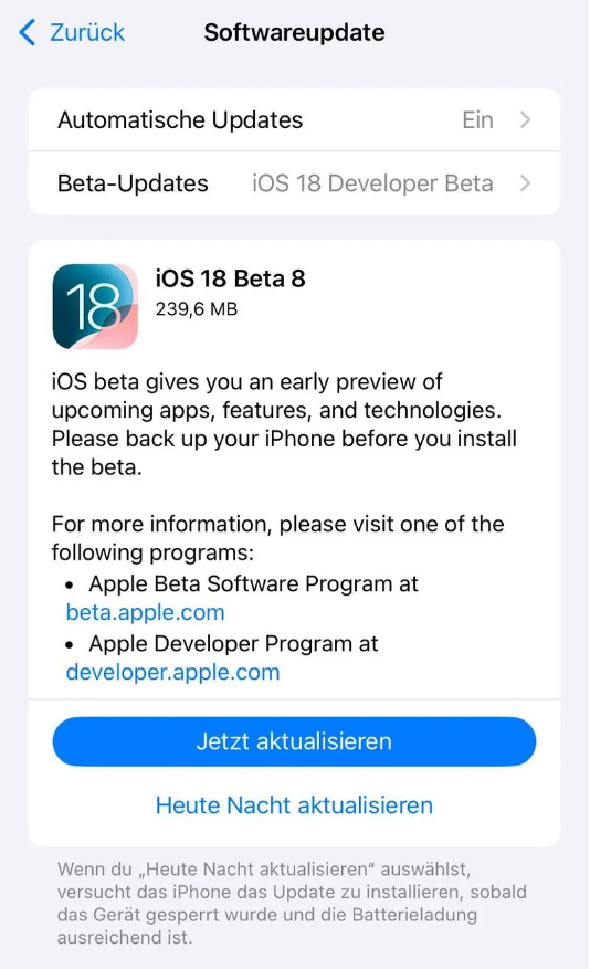 平舆苹果手机维修分享苹果 iOS / iPadOS 18 开发者预览版 Beta 8 发布 